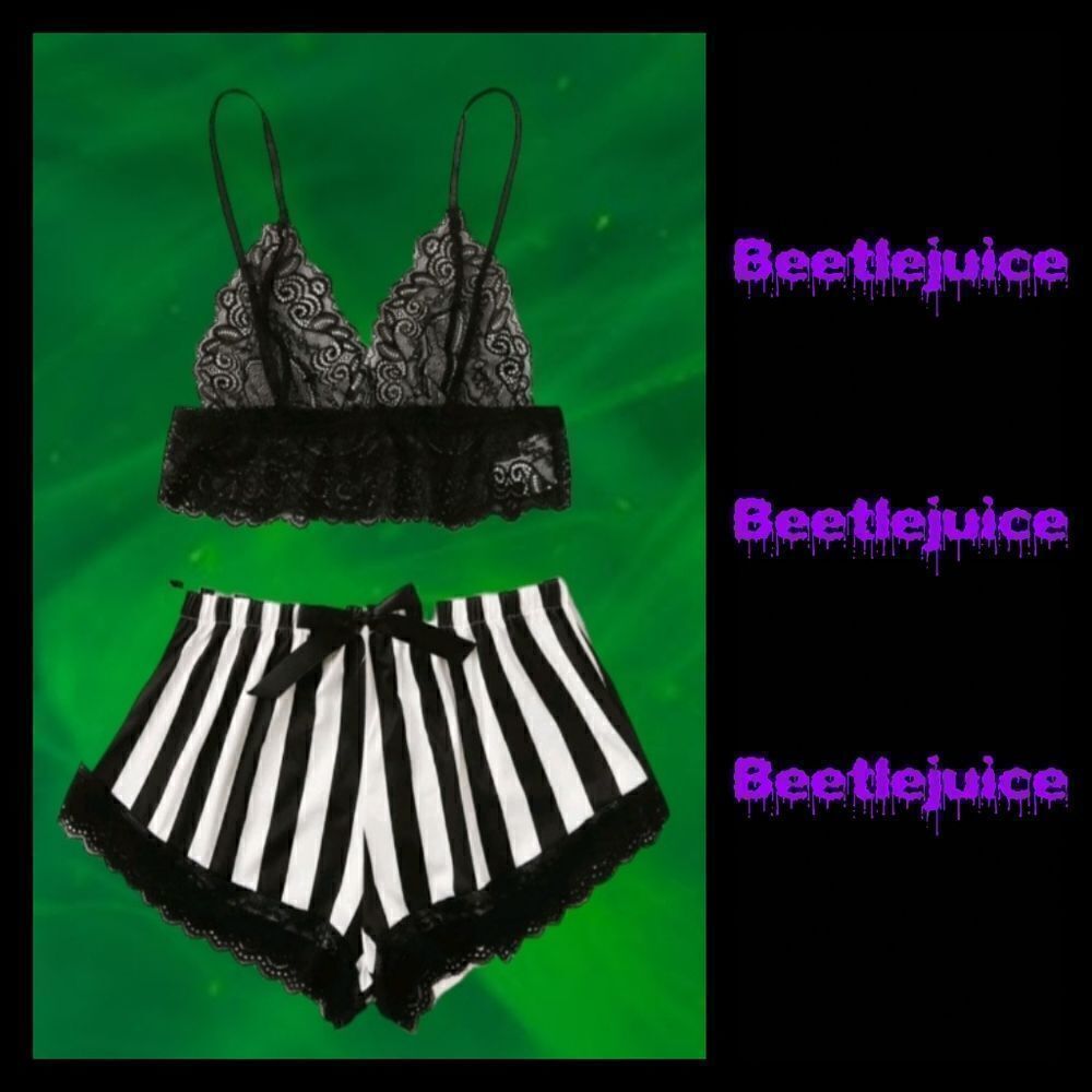 Beetlejuice Themed Lace & Satin Black & White Striped 2 Piece Cami Lingerie Set